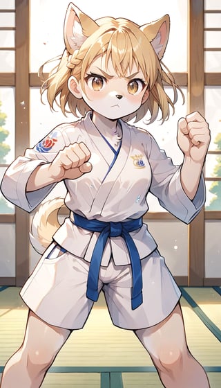 score_9_up, score_8_up, score_7_up,score_6_up,score_5_up,source_anime,masterpiece,best quality,illustration,cute,kawaii,1girl,solo,blonde hair,french_braid,dog ears,gradient brown eyes,paris olympic,judo, wearing judo wear,tatami,judo,sutanding,serious,indoors,furry,judo match,(female judo athlete:1.4),Judo combat pose