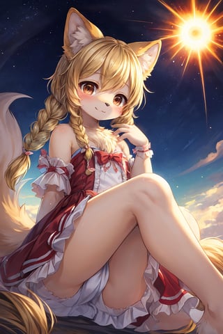 masterpiece,best quality,ultra detailed,highres,absurdres,illustration,cute,kawaii,(girlish:1.1),feminine,soft,texture,long eyelash,
BREAK 1girl,solo,dog ears,french braid,blonde hair,detailed and gradient brown eyes,girly ainu,solar flare,kemono,(furry:1.3)