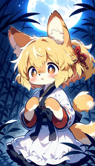  score_9_up, score_8_up, score_7_up,source_anime,masterpiece,best quality,illustration,1girl,solo,blonde hair,ponytail,dog ears,gradient brown eyes,source_furry,falling tanzaku,silver bamboo thicket,blue full moon,(mysterios:1.3),score_6_up,score_5_up,score_4_up,furry,(heresy:1.3),supplication,face close up,Multinational Ethnic Dress