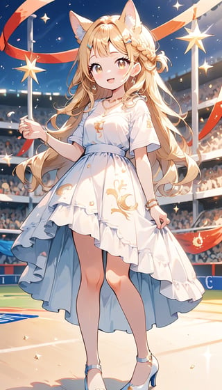 score_9_up, score_8_up, score_7_up,score_6_up,score_5_up,source_anime,masterpiece,best quality,illustration,cute,kawaii,1girl,solo,blonde hair,french_braid,dog ears,gradient brown eyes,At the (Olympic closing ceremony:1.5),Her expression reflects both the sadness of the event’s end and the satisfaction of having given her all. Amidst the applause and cheers from the audience,night,formal dress primarily white with golden embroidery,beautifully shimmering in the light,The hem of the dress flares out gracefully, swaying elegantly with her movements. She wears simple yet elegant heels, perfectly complementing her overall look,the girl wears a beaming smile