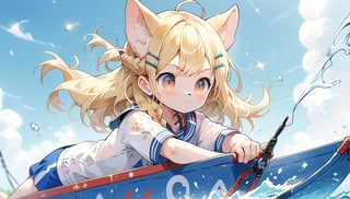 score_9_up, score_8_up, score_7_up,score_6_up,score_5_up,source_anime,masterpiece,best quality,illustration,cute,kawaii,1girl,solo,blonde hair,french_braid,dog ears,gradient brown eyes,On the Olympic stage, a woman is sailing with all her might. Her face shows a serious expression, and you can see the tension in her muscles. Amidst the splashing water, her boat moves forward powerfully, with the audience’s eyes focused on her. Her figure, putting everything into this moment, truly embodies the beauty and tension of sports, score_9_up,(sailing:1.5)