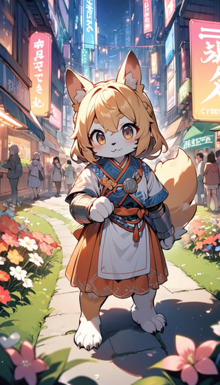 1girl,solo,dog ears,french braid,blonde hair,detailed and gradient brown eyes,(knight dress:1.1),(ainu dress:1.1),standing
BREAK
outdoors,spring flower garden,night,(cybercity:1.3),magnificent view
BREAK
masterpiece,best quality,ultra detailed,highres,absurdres,illustration,cute,kawaii,perfect arrangement,(brave:1.3),(furry:1.15),furry