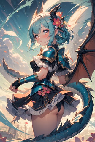 masterpiece,best quality,ultra detailed,highres,absurdres,illustration,cute,kawaii,(girlish:1.3),feminine,soft,texture,long eyelash,impressionism,
BREAK 1girl,solo,dragon wing,dragon horn,thick tail,frills,(scale armor:1.2),leotard armor,laced skirt:
BREAK (flower background:1.1),wallpaper,