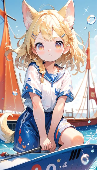 score_9_up, score_8_up, score_7_up,score_6_up,score_5_up,source_anime,masterpiece,best quality,illustration,cute,kawaii,1girl,solo,blonde hair,french_braid,dog ears,gradient brown eyes,On the Olympic stage, a woman is sailing with all her might. Her face shows a serious expression, and you can see the tension in her muscles. Amidst the splashing water, her boat moves forward powerfully, with the audience’s eyes focused on her. Her figure, putting everything into this moment, truly embodies the beauty and tension of sports, score_9_up,(sailing:1.1),(sailboat:1.3)