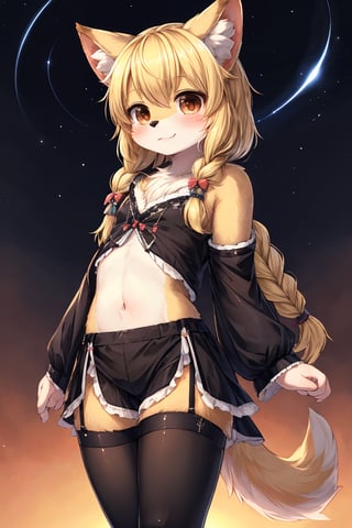 masterpiece,best quality,ultra detailed,highres,absurdres,illustration,cute,kawaii,(girlish:1.1),feminine,soft,texture,long eyelash,
BREAK 1girl,solo,dog ears,french braid,blonde hair,detailed and gradient brown eyes,girly ainu,solar flare,kemono,(furry:1.3),black leggings,