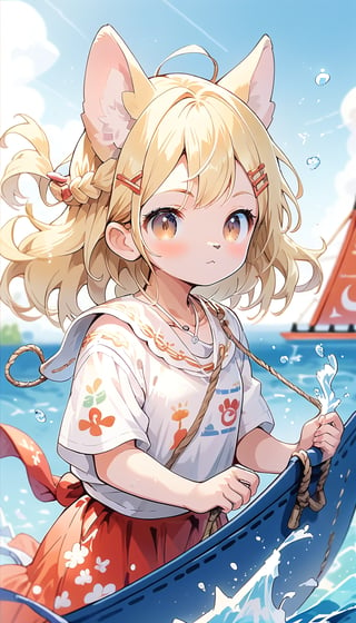 score_9_up, score_8_up, score_7_up,score_6_up,score_5_up,source_anime,masterpiece,best quality,illustration,cute,kawaii,1girl,solo,blonde hair,french_braid,dog ears,gradient brown eyes,On the Olympic stage, a woman is sailing with all her might. Her face shows a serious expression, and you can see the tension in her muscles. Amidst the splashing water, her boat moves forward powerfully, with the audience’s eyes focused on her. Her figure, putting everything into this moment, truly embodies the beauty and tension of sports, score_9_up,(sailing:1.5),sailboat