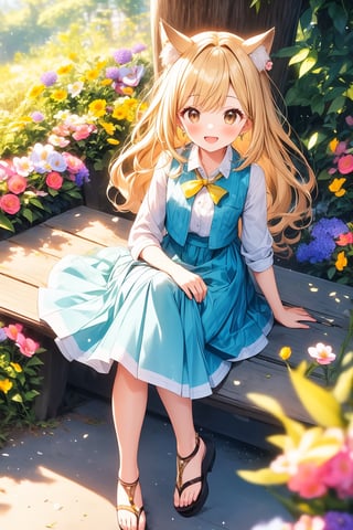 The illustration depicts a high school girl, dressed stylishly, in a bright early summer park. She is dressed lightly to match the early summer climate, with a big smile on her face. Around her, fresh green trees and colorful (flowers are in full bloom:1.3) 
BREAK
Her outfit is light to match the early summer climate, consisting of a flared skirt and blouse combination, sandals on her feet, giving refreshing impression. Her hair is long and flowing in the wind, with a small earring shining in her ear.vest
BREAK
1girl,solo,dog ears,french braid,blonde hair,detailed and gradient brown eyes,cute,kawaii,(from above:0.8)