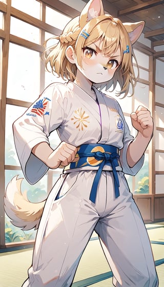 score_9_up, score_8_up, score_7_up,score_6_up,score_5_up,source_anime,masterpiece,best quality,illustration,cute,kawaii,1girl,solo,blonde hair,french_braid,dog ears,gradient brown eyes,paris olympic,judo, wearing judo wear,tatami,judo,sutanding,serious,indoors,white pants,furry,judo match