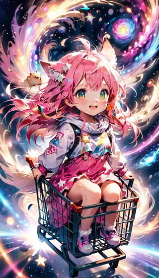 score_9_up, score_8_up, score_7_up,score_6_up,score_5_up,source_anime,masterpiece,best quality,illustration,cute,kawaii,1girl,solo,pink Iridescent hair,wofl girl,long hair,on shopping cart,The girl riding a shopping cart through warp space speeds forward as if cutting through the wind. Her hair dances in the breeze, and her eyes are filled with sparkle. Stars and galaxies spread out around the cart, creating a fantastical scene as if she is racing through the universe. Her smile is full of adventure, evoking a sense of limitless possibilities,source_furry,(furry:1.5)