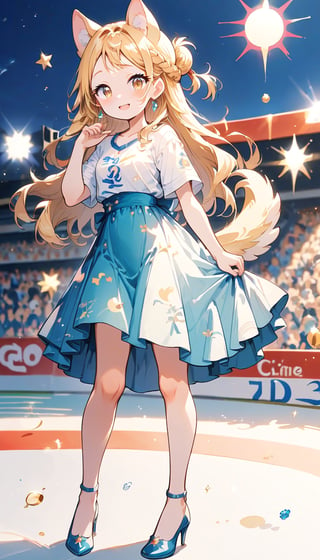 score_9_up, score_8_up, score_7_up,score_6_up,score_5_up,source_anime,masterpiece,best quality,illustration,cute,kawaii,1girl,solo,blonde hair,french_braid,dog ears,gradient brown eyes,At the (Olympic closing ceremony:1.5),Her expression reflects both the sadness of the event’s end and the satisfaction of having given her all. Amidst the applause and cheers from the audience,night,formal dress primarily white with golden embroidery,beautifully shimmering in the light,The hem of the dress flares out gracefully, swaying elegantly with her movements. She wears simple yet elegant heels, perfectly complementing her overall look,the girl wears a beaming smile