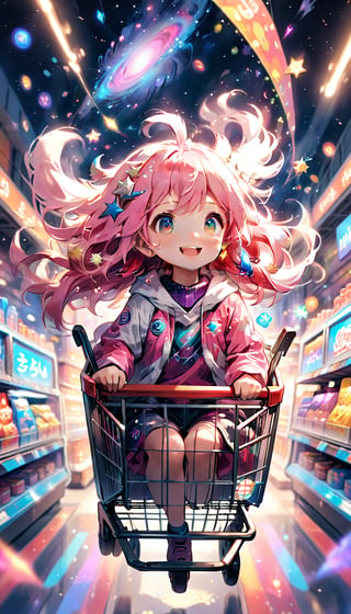 score_9_up, score_8_up, score_7_up,score_6_up,score_5_up,source_anime,masterpiece,best quality,illustration,cute,kawaii,1girl,solo,pink Iridescent hair,wofl girl,long hair,on shopping cart,The girl riding a shopping cart through warp space speeds forward as if cutting through the wind. Her hair dances in the breeze, and her eyes are filled with sparkle. Stars and galaxies spread out around the cart, creating a fantastical scene as if she is racing through the universe. Her smile is full of adventure, evoking a sense of limitless possibilities,source_furry,(furry:1.5)