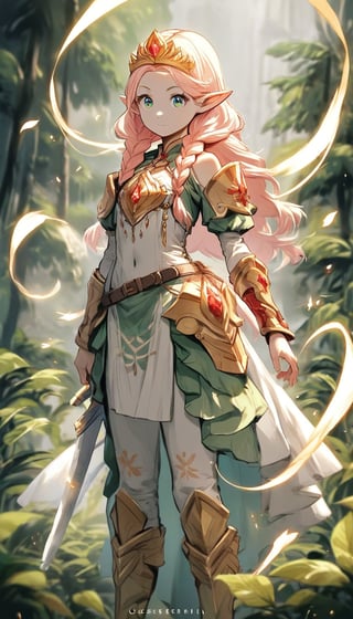 score_9_up, score_8_up, score_7_up,score_6_up,score_5_up,source_anime,masterpiece,best quality,illustration,cute,kawaii,1girl,solo,pink Iridescent hair,wofl girl,long hair,Enchanted Elven Knight
This costume combines the grace of an elf with the power of a knight, centered around a large, enchanted sword, The base is a sleek, forest green bodysuit with gold leaf embroidery along the seams, symbolizing her connection to nature, Over the bodysuit, a leather harness crisscrosses the torso, holding the scabbard for her large sword, The sword itself is massive, with a glowing blade inscribed with ancient elven runes, Her armor includes light, golden shoulder pauldrons and bracers, with intricate vine patterns, A flowing, semi-translucent cape with a hood, in shades of green and gold, billows behind her, adding an ethereal touch, She wears knee-high, lace-up boots with gold accents, 
BREAK
Accessories include a delicate, leaf-shaped tiara, and a belt with pouches for herbs and small vials, Her hair can be styled in loose waves with small braids woven with golden threads, Makeup focuses on a natural, glowing look with shimme,source_furry