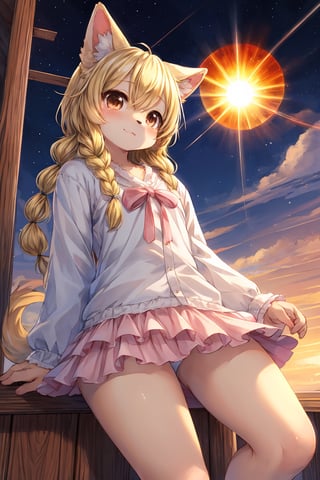 masterpiece,best quality,ultra detailed,highres,absurdres,illustration,cute,kawaii,(girlish:1.1),feminine,soft,texture,long eyelash,
BREAK 1girl,solo,dog ears,french braid,blonde hair,detailed and gradient brown eyes,girly ainu,solar flare,kemono