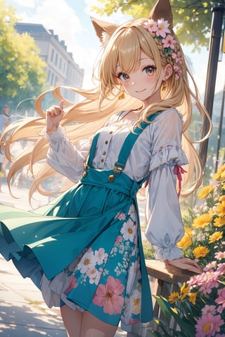 The illustration depicts a high school girl, dressed stylishly, in a bright early summer park. She is dressed lightly to match the early summer climate, with a big smile on her face. Around her, fresh green trees and colorful (flowers are in full bloom:1.3) 
BREAK
Her outfit is light to match the early summer climate, consisting of a flared skirt and blouse combination, sandals on her feet, giving an overall refreshing impression. Her hair is long and flowing in the wind, with a small earring shining in her ear.
BREAK
1girl,solo,dog ears,french braid,blonde hair,detailed and gradient brown eyes,cute,kawaii,