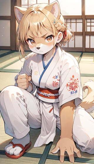 score_9_up, score_8_up, score_7_up,score_6_up,score_5_up,source_anime,masterpiece,best quality,illustration,cute,kawaii,1girl,solo,blonde hair,french_braid,dog ears,gradient brown eyes,paris olympic,,judo cloth,tatami,judo,sutanding,serious,indoors,white pants,furry,judo stance