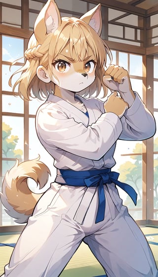 score_9_up, score_8_up, score_7_up,score_6_up,score_5_up,source_anime,masterpiece,best quality,illustration,cute,kawaii,1girl,solo,blonde hair,french_braid,dog ears,gradient brown eyes,paris olympic,judo, wearing judo wear,tatami,judo,sutanding,serious,indoors,furry,judo match,(female judo athlete:1.4),Judo combat pose