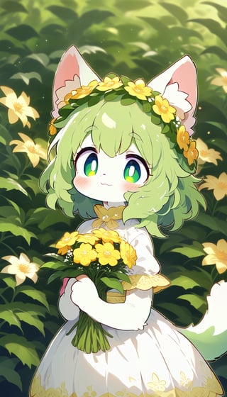 score_9_up, score_8_up, score_7_up,score_6_up,score_5_up,source_anime,masterpiece,best quality,illustration,cute,kawaii,1girl,solo,furry white cat female,white fur, cat tail, messy short green hair, flower crown, green eyes, thick green eyebrows, white and green dress,short sleeves,(royal:1.2),elegance,graceful,small breasts,high waist,light smile,(petite:1.2),source_furry,