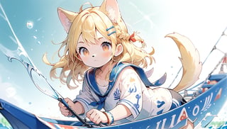 score_9_up, score_8_up, score_7_up,score_6_up,score_5_up,source_anime,masterpiece,best quality,illustration,cute,kawaii,1girl,solo,blonde hair,french_braid,dog ears,gradient brown eyes,On the Olympic stage, a woman is rowing with all her might. Her face shows a serious expression, and you can see the tension in her muscles. Amidst the splashing water, her boat moves forward powerfully, with the audience’s eyes focused on her. Her figure, putting everything into this moment, truly embodies the beauty and tension of sports, score_9_up,(sailing:1.5)