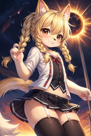 masterpiece,best quality,ultra detailed,highres,absurdres,illustration,cute,kawaii,(girlish:1.1),feminine,soft,texture,long eyelash,
BREAK 1girl,solo,dog ears,french braid,blonde hair,detailed and gradient brown eyes,girly ainu,solar flare,kemono,(furry:1.3),spats,miniskirt