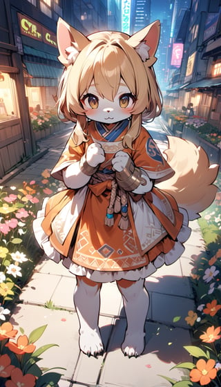 1girl,solo,dog ears,french braid,blonde hair,detailed and gradient brown eyes,(knight dress:1.1),(ainu dress:1.1),standing
BREAK
outdoors,spring flower garden,night,(cybercity:1.3),magnificent view
BREAK
masterpiece,best quality,ultra detailed,highres,absurdres,illustration,cute,kawaii,perfect arrangement,(brave:1.3),(furry:1.15),furry