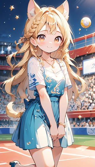 score_9_up, score_8_up, score_7_up,score_6_up,score_5_up,source_anime,masterpiece,best quality,illustration,cute,kawaii,1girl,solo,blonde hair,french_braid,dog ears,gradient brown eyes,At the (Olympic closing ceremony:1.5),Her expression reflects both the sadness of the event’s end and the satisfaction of having given her all. Amidst the applause and cheers from the audience,night,formal dress primarily white with golden embroidery,beautifully shimmering in the light,The hem of the dress flares out gracefully, swaying elegantly with her movements. She wears simple yet elegant heels, perfectly complementing her overall look,the girl wears a beaming smile