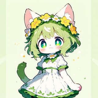 score_9_up, score_8_up, score_7_up,score_6_up,score_5_up,source_anime,masterpiece,best quality,illustration,cute,kawaii,1girl,solo,furry white cat female,white fur, cat tail, messy short green hair, flower crown, green eyes, thick green eyebrows, white and green dress,short sleeves,(royal:1.2),elegance,graceful,small breasts,high waist,light smile,(petite:1.2),source_furry,