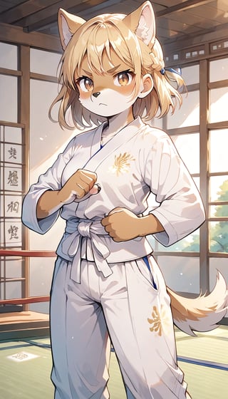 score_9_up, score_8_up, score_7_up,score_6_up,score_5_up,source_anime,masterpiece,best quality,illustration,cute,kawaii,1girl,solo,blonde hair,french_braid,dog ears,gradient brown eyes,paris olympic,judo, wearing judo wear,tatami,judo,sutanding,serious,indoors,furry,judo match,Olympic female judo athlete