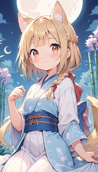  score_9_up, score_8_up, score_7_up,score_6_up,score_5_up,score_4_up,source_anime,masterpiece,best quality,illustration,cute,kawaii,1girl,solo,blonde hair,french_braid,dog ears,gradient brown eyes,(tanabata:1.2),tanzaku,(silver bamboo thicket),blue full moon,(mysterios),(heresy),supplication,kimono Ethnic Dress,(see-through long shawl:1.1),