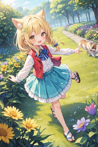 The illustration depicts a high school girl, dressed stylishly, in a bright early summer park. She is dressed lightly to match the early summer climate, with a big smile on her face. Around her, fresh green trees and colorful (flowers are in full bloom:1.3) 
BREAK
Her outfit is light to match the early summer climate, consisting of a flared skirt and blouse combination, sandals on her feet, giving refreshing impression. Her hair is long and flowing in the wind, with a small earring shining in her ear.vest
BREAK
1girl,solo,dog ears,french braid,blonde hair,detailed and gradient brown eyes,cute,kawaii,(from above:0.8)