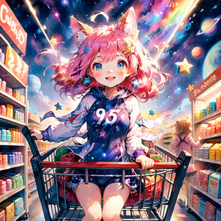 score_9_up, score_8_up, score_7_up,score_6_up,score_5_up,source_anime,masterpiece,best quality,illustration,cute,kawaii,1girl,solo,pink Iridescent hair,wofl girl,long hair,on shopping cart,The girl riding a shopping cart through warp space speeds forward as if cutting through the wind. Her hair dances in the breeze, and her eyes are filled with sparkle. Stars and galaxies spread out around the cart, creating a fantastical scene as if she is racing through the universe. Her smile is full of adventure, evoking a sense of limitless possibilities,source_furry,(furry:1.3),watercolor \(medium\),speed,speed_lines,(sense of speed:1.3),(school swimsuit:1.4)