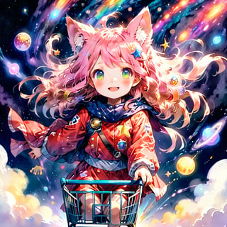 score_9_up, score_8_up, score_7_up,score_6_up,score_5_up,source_anime,masterpiece,best quality,illustration,cute,kawaii,1girl,solo,pink Iridescent hair,wofl girl,long hair,on shopping cart,The girl riding a shopping cart through warp space speeds forward as if cutting through the wind. Her hair dances in the breeze, and her eyes are filled with sparkle. Stars and galaxies spread out around the cart, creating a fantastical scene as if she is racing through the universe. Her smile is full of adventure, evoking a sense of limitless possibilities,source_furry,(furry:1.5),watercolor \(medium\),speed,speed_lines,(sense of speed:1.3)