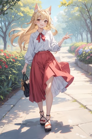 The illustration depicts a high school girl, dressed stylishly, in a bright early summer park. She is dressed lightly to match the early summer climate, with a big smile on her face. Around her, fresh green trees and colorful (flowers are in full bloom:1.3) 
BREAK
Her outfit is light to match the early summer climate, consisting of a flared skirt and blouse combination, sandals on her feet, giving refreshing impression. Her hair is long and flowing in the wind, with a small earring shining in her ear.
BREAK
1girl,solo,dog ears,french braid,blonde hair,detailed and gradient brown eyes,cute,kawaii,