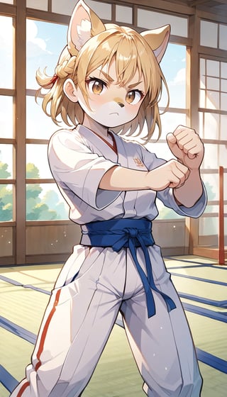 score_9_up, score_8_up, score_7_up,score_6_up,score_5_up,source_anime,masterpiece,best quality,illustration,cute,kawaii,1girl,solo,blonde hair,french_braid,dog ears,gradient brown eyes,paris olympic,judo, wearing judo wear,tatami,judo,sutanding,serious,indoors,furry,judo match,(female judo athlete:1.4),Judo combat pose