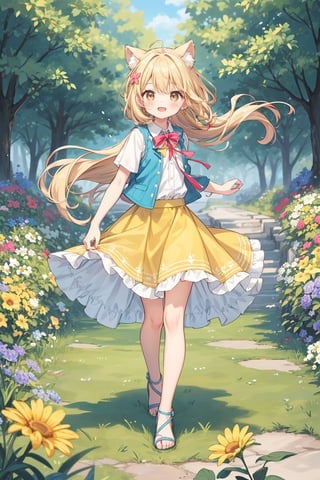 The illustration depicts a furry cute girl, dressed stylishly, in a bright early summer park. She is dressed lightly to match the early summer climate, with a big smile on her face. Around her, fresh green trees and colorful (flowers are in full bloom:1.3) 
BREAK
Her outfit is light to match the early summer climate, consisting of a flared skirt and blouse combination, sandals on her feet, giving refreshing impression. Her hair is long and flowing in the wind, with a small earring shining in her ear.vest
BREAK
1girl,solo,dog ears,french braid,blonde hair,detailed and gradient brown eyes,cute,kawaii,(from above:0.8)