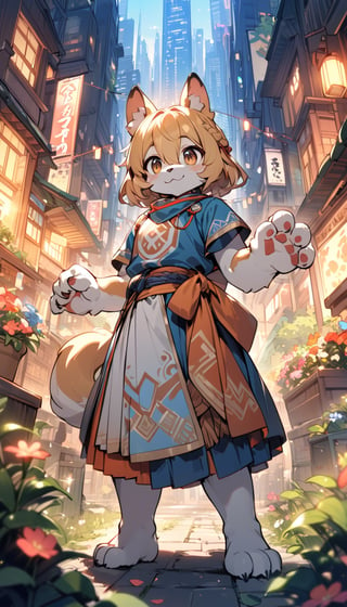 1girl,solo,dog ears,french braid,blonde hair,detailed and gradient brown eyes,(knight dress:1.1),(ainu dress:1.1),standing
BREAK
outdoors,spring flower garden,night,(cybercity:1.3),magnificent view
BREAK
masterpiece,best quality,ultra detailed,highres,absurdres,illustration,cute,kawaii,perfect arrangement,(brave:1.3),(furry:1.15),furry