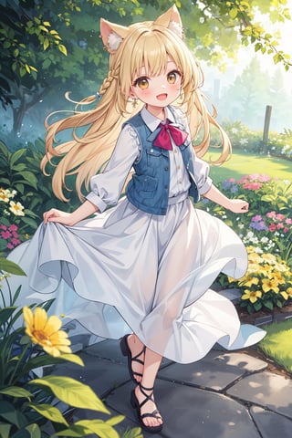 The illustration depicts a furry cute girl, dressed stylishly, in a bright early summer park. She is dressed lightly to match the early summer climate, with a big smile on her face. Around her, fresh green trees and colorful (flowers are in full bloom:1.1),(girlish:1.2),(feminine:1.3),soft,texture
BREAK
Her outfit is light to match the early summer climate, consisting of a flared skirt and blouse combination, sandals on her feet, giving refreshing impression. Her hair is long and flowing in the wind, with a small earring shining in her ear.vest
BREAK
1girl,solo,dog ears,french braid,blonde hair,detailed and gradient brown eyes,cute,kawaii,(from above:0.8)