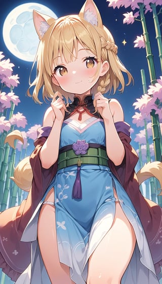  score_9_up, score_8_up, score_7_up,score_6_up,score_5_up,score_4_up,source_anime,masterpiece,best quality,illustration,cute,kawaii,1girl,solo,blonde hair,french_braid,dog ears,gradient brown eyes,(tanabata:1.2),tanzaku,(silver bamboo thicket),blue full moon,(mysterios:1.3),(heresy:1.4),supplication,kimono Ethnic Dress,(see-through long shawl:1.1),