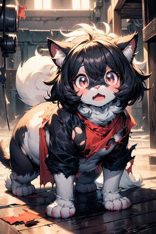 masterpiece,best quality,ultra detailed,highres,absurdres,illustration,(furry:1.3),(fluffy body:1.5), BREAK 1girl,solo,cat girl,(Torn and ripped clothes:1.25),(surprised:1.3),(slave cloth:1.2),blush,paw gloves,paw shoes,on all fours
BREAK
dimly lit laboratory,indoors,