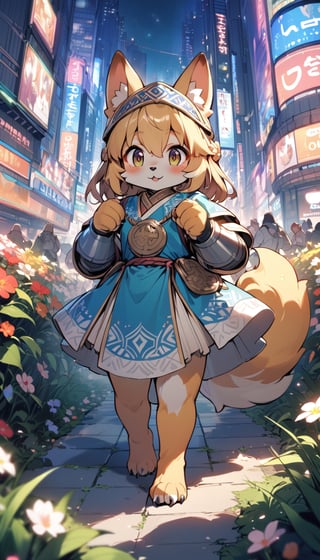 1girl,solo,dog ears,french braid,blonde hair,detailed and gradient brown eyes,(knight dress:1.1),(ainu dress:1.1),standing
BREAK
outdoors,spring flower garden,night,(cybercity:1.3),magnificent view
BREAK
masterpiece,best quality,ultra detailed,highres,absurdres,illustration,cute,kawaii,perfect arrangement,(brave:1.3),(furry:1.15),furry