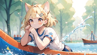 score_9_up, score_8_up, score_7_up,score_6_up,score_5_up,source_anime,masterpiece,best quality,illustration,cute,kawaii,1girl,solo,blonde hair,french_braid,dog ears,gradient brown eyes,On the Olympic stage, a woman is rowing with all her might. Her face shows a serious expression, and you can see the tension in her muscles. Amidst the splashing water, her boat moves forward powerfully, with the audience’s eyes focused on her. Her figure, putting everything into this moment, truly embodies the beauty and tension of sports, score_9_up,(rowing:1.5),(row boat:1.3)