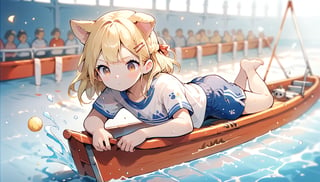 score_9_up, score_8_up, score_7_up,score_6_up,score_5_up,source_anime,masterpiece,best quality,illustration,cute,kawaii,1girl,solo,blonde hair,french_braid,dog ears,gradient brown eyes,On the Olympic stage, a woman is rowing with all her might. Her face shows a serious expression, and you can see the tension in her muscles. Amidst the splashing water, her boat moves forward powerfully, with the audience’s eyes focused on her. Her figure, putting everything into this moment, truly embodies the beauty and tension of sports, score_9_up,(rowing:1.5),(row boat:1.3)