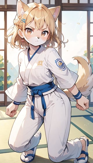 score_9_up, score_8_up, score_7_up,score_6_up,score_5_up,source_anime,masterpiece,best quality,illustration,cute,kawaii,1girl,solo,blonde hair,french_braid,dog ears,gradient brown eyes,paris olympic,,judo cloth,tatami,judo,sutanding,serious,indoors,white pants,furry,judo stance