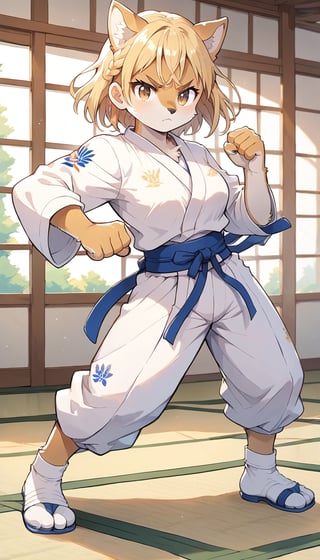 score_9_up, score_8_up, score_7_up,score_6_up,score_5_up,source_anime,masterpiece,best quality,illustration,cute,kawaii,1girl,solo,blonde hair,french_braid,dog ears,gradient brown eyes,paris olympic,judo, wearing judo wear,tatami,judo,sutanding,serious,indoors,furry,judo match,(female judo athlete:1.4),Judo combat pose