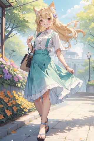 The illustration depicts a high school girl, dressed stylishly, in a bright early summer park. She is dressed lightly to match the early summer climate, with a big smile on her face. Around her, fresh green trees and colorful (flowers are in full bloom:1.3) 
BREAK
Her outfit is light to match the early summer climate, consisting of a flared skirt and blouse combination, sandals on her feet, giving an overall refreshing impression. Her hair is long and flowing in the wind, with a small earring shining in her ear.
BREAK
1girl,solo,dog ears,french braid,blonde hair,detailed and gradient brown eyes,cute,kawaii,