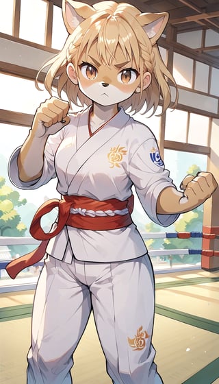 score_9_up, score_8_up, score_7_up,score_6_up,score_5_up,source_anime,masterpiece,best quality,illustration,cute,kawaii,1girl,solo,blonde hair,french_braid,dog ears,gradient brown eyes,paris olympic,judo, wearing judo wear,tatami,judo,sutanding,serious,indoors,furry,judo match,(female judo athlete:1.4),Judo combat pose