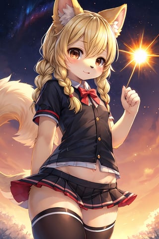 masterpiece,best quality,ultra detailed,highres,absurdres,illustration,cute,kawaii,(girlish:1.1),feminine,soft,texture,long eyelash,
BREAK 1girl,solo,dog ears,french braid,blonde hair,detailed and gradient brown eyes,girly ainu,solar flare,kemono,(furry:1.1),spats,miniskirt