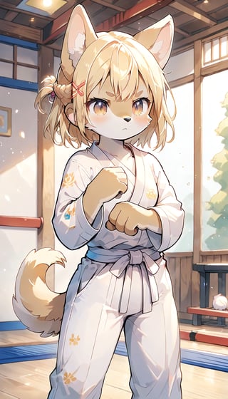 score_9_up, score_8_up, score_7_up,score_6_up,score_5_up,source_anime,masterpiece,best quality,illustration,cute,kawaii,1girl,solo,blonde hair,french_braid,dog ears,gradient brown eyes,On the Olympic stage,judo cloth,(bowing:1.3),tatami,judo,sutanding,serious,indoors,white pants,furry