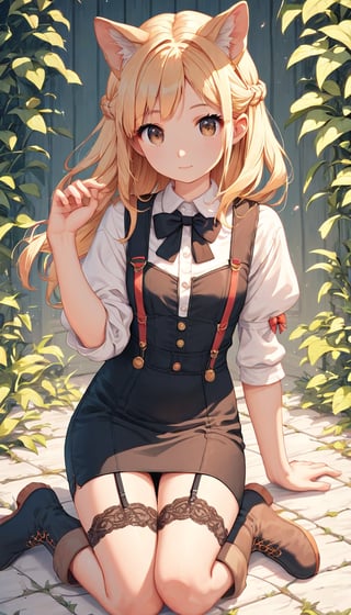 score_9_up, score_8_up, score_7_up,score_6_up,score_5_up,source_anime,masterpiece,best quality,illustration,cute,kawaii,1girl,solo,1girl,solo,dog ears,blonde hair,french braid,gradient brown eyes,Classic Speakeasy Bartender,fitted black vest over a crisp white blouse with puffed sleeves and a high neckline,high-waisted pencil skirt,lace-up ankle boots,black bow tie, suspenders,garter belt with lace detail around the thigh