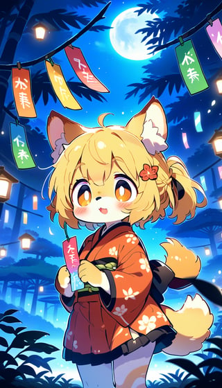  score_9_up, score_8_up, score_7_up,source_anime,masterpiece,best quality,illustration,1girl,solo,blonde hair,ponytail,dog ears,gradient brown eyes,source_furry,tanabata,tanzaku,bamboo thicket,full moon,(mysterios:1.3),score_6_up,score_5_up,score_4_up,furry