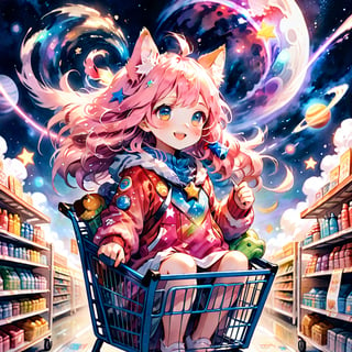 score_9_up, score_8_up, score_7_up,score_6_up,score_5_up,source_anime,masterpiece,best quality,illustration,cute,kawaii,1girl,solo,pink Iridescent hair,wofl girl,long hair,on shopping cart,The girl riding a shopping cart through warp space speeds forward as if cutting through the wind. Her hair dances in the breeze, and her eyes are filled with sparkle. Stars and galaxies spread out around the cart, creating a fantastical scene as if she is racing through the universe. Her smile is full of adventure, evoking a sense of limitless possibilities,source_furry,(furry:1.5),watercolor \(medium\),speed,speed_lines,(sense of speed:1.3)